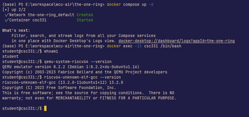 Screenshot of the terminal view inside csc331 container