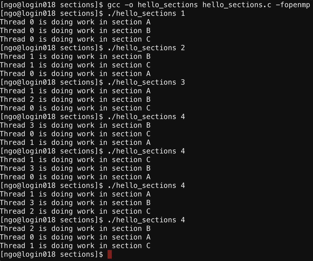 Compile and run hello_sections.c