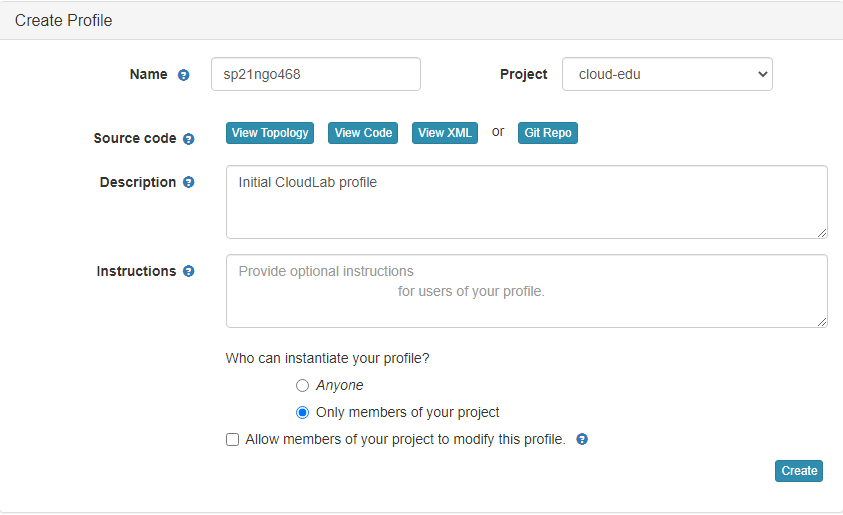 Fill in name and description of a CloudLab profile