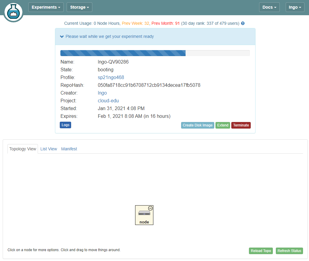 CloudLab experiment booting