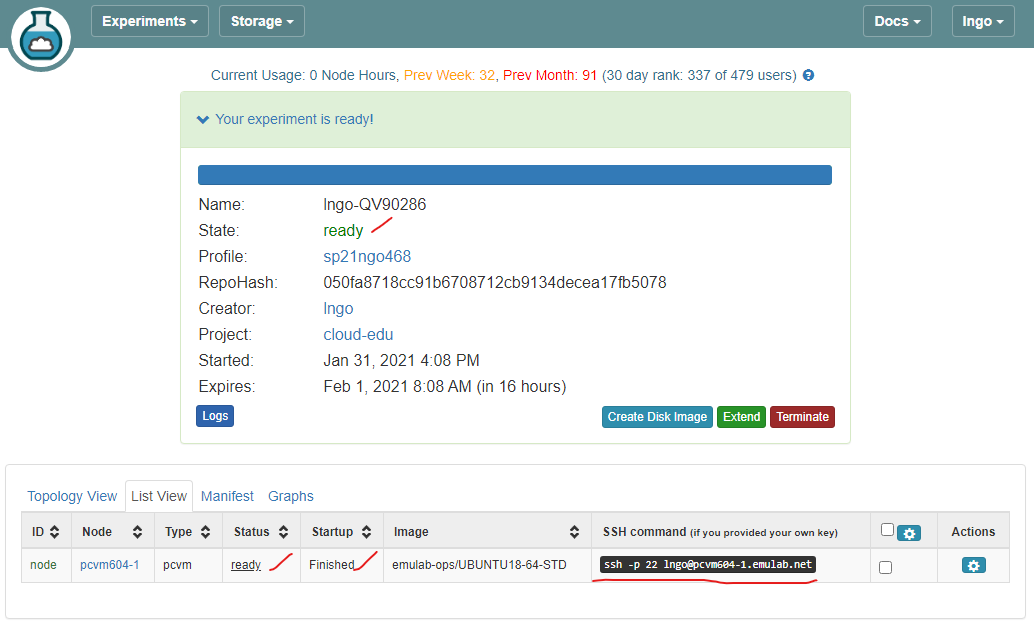CloudLab experiment status