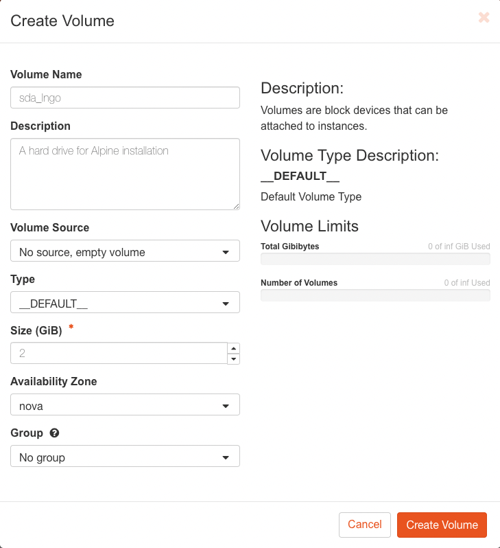 Options to create a new volume