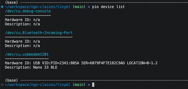 List of pio devices with Nano BLE33 is the USB Serial Device