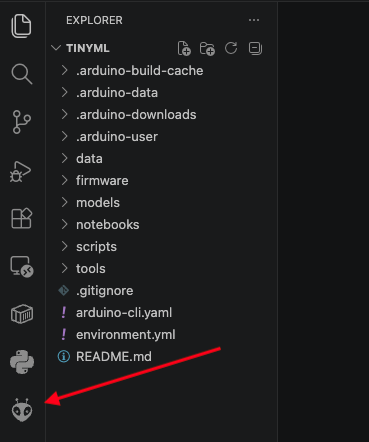Red arrow pointing to PlatformIO icon on the left side activity bar