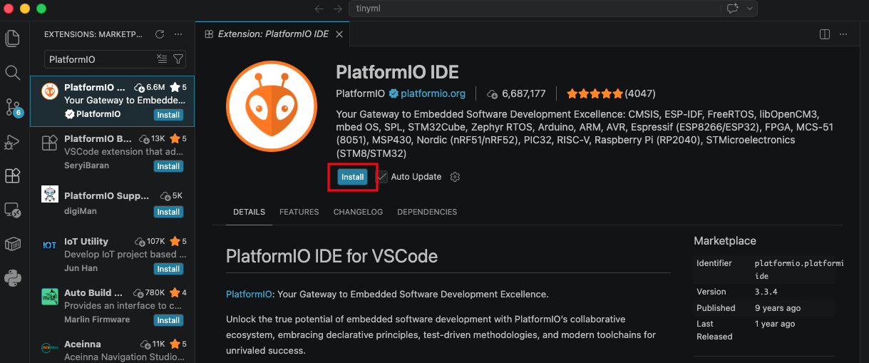 Top result of searching for PlatformIO showing the official extension