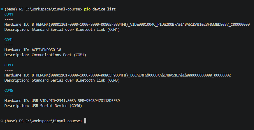 List of pio devices with Nano BLE33 is the USB Serial Device