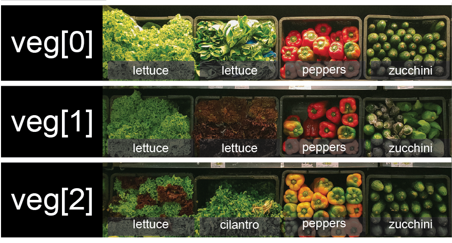 veg is now shown as a list of three rows, with veg\[0\] representing the top row ofthree baskets, veg\[1\] representing the second row, and veg\[2\] representing the bottom row.